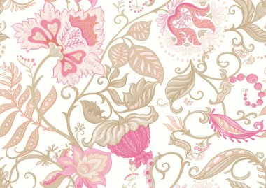 Eski moda fantezi çiçekleri, eski moda, jakoben nakış tarzı. Kusursuz desen, arka plan. Vektör illüstrasyonu.