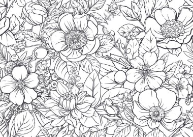 Yabani gül çiçekleri ve böğürtlenlerden oluşan yaka çiçekleri, kusursuz desenler, arka plan. El çizimi vektör çizimi. Botanik tarzında.