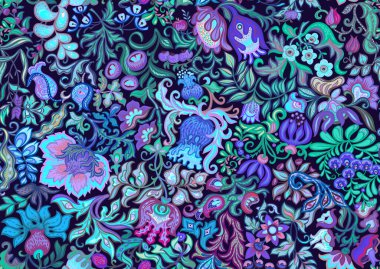 Fantezi, uzaylı çiçekleri, dekoratif çiçekler ve yapraklar. Çizgi film tarzı. Millefleur 'ların moda çiçek tasarımı. Kusursuz desen, arka plan. Vektör illüstrasyonu.