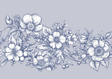 Çiçek açan ağaç, dallardaki gül çiçekleri. Serçeler, ispinozlar, kelebekler, yusufçuklar. Kusursuz desen, arka plan. Vektör çizimi. Chinoiserie, geleneksel oryantal botanik motifi.