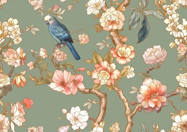 Serçe ve papağan desenli çiçek ağaçları, arka plan. Vektör çizimi. Chinoiserie 'de botanik tarzında.