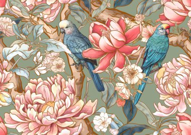 Serçe ve papağan desenli çiçek ağaçları, arka plan. Vektör çizimi. Chinoiserie 'de botanik tarzında.