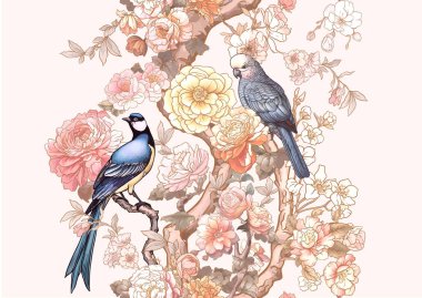 Serçe ve papağan desenli çiçek ağaçları, arka plan. Vektör çizimi. Chinoiserie 'de botanik tarzında.