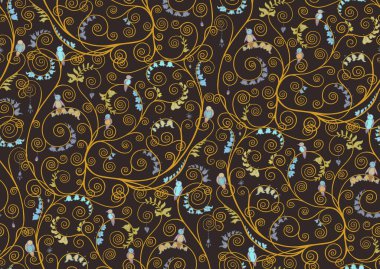 Kuşlu ağaç dalları, Gustav Klimts 'in hayat ağacından esinlenilmiştir. Kusursuz desen, arka plan. Vektör çizimi. El çizimi. Yeni sanat tarzında, eski, eski, eski tarzda..