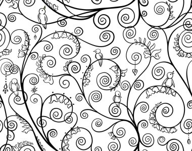 Tree branches with birds, inspired by Gustav Klimts tree of life. Seamless pattern, background. Vector illustration. Outline hand drawing. In art nouveau style, vintage, old, retro style. clipart