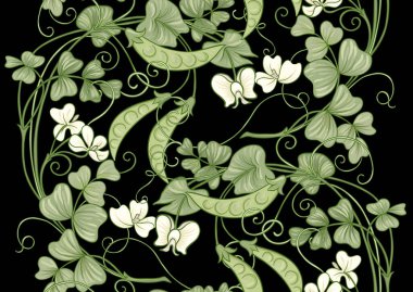 Yeşil bezelyeler. Yapraklı dallar ve bezelyeli kabuklar kusursuz sınır deseni, doğrusal süs, kurdele vektör çizimi. El çizimi. Yeni sanat tarzında, eski, eski, eski tarzda..