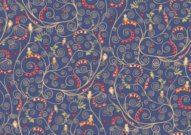 Kuşlu ağaç dalları, Gustav Klimts 'in hayat ağacından esinlenilmiştir. Kusursuz desen, arka plan. Vektör çizimi. El çizimi. Yeni sanat tarzında, eski, eski, eski tarzda..