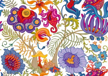 Fantezi, uzaylı hipnoz çiçekleri, dekoratif çiçekler ve yapraklar. Çizgi film tarzı. Millefleur 'ların moda çiçek tasarımı. Kusursuz desen, arka plan. El çizimi vektör illüstrasyonu.