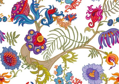 Fantezi, uzaylı hipnoz çiçekleri, dekoratif çiçekler ve yapraklar. Çizgi film tarzı. Millefleur 'ların moda çiçek tasarımı. Kusursuz desen, arka plan. El çizimi vektör illüstrasyonu.