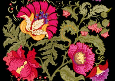 Eski moda fantezi çiçekleri, eski moda, jakoben nakış tarzı. Kusursuz desen, arka plan. Vektör illüstrasyonu.