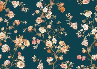 Çiçekli çiçek ağaçları. Kusursuz desen, arka plan. Vektör çizimi. Chinoiserie, japandi, botanik stili