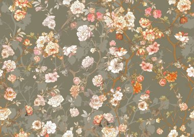 Çiçekli çiçek ağaçları. Kusursuz desen, arka plan. Vektör çizimi. Chinoiserie, japandi, botanik stili