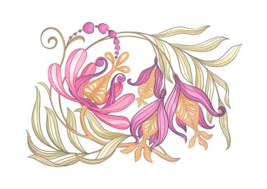 Eski moda fantezi çiçekleri, eski moda, jakoben nakış tarzı. Clip sanatı, tasarım Vektörü illüstrasyonu için elementler kümesi.