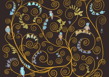 Kuşlu ağaç dalları, Gustav Klimts 'in hayat ağacından esinlenilmiştir. Kusursuz desen, arka plan. Vektör çizimi. El çizimi. Yeni sanat tarzında, eski, eski, eski tarzda..