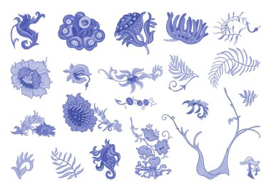 Fantezi, uzaylı hipnoz çiçekleri, dekoratif çiçekler ve yapraklar. Çizgi film tarzı. Millefleur 'ların moda çiçek tasarımı. Çizim sanatı, tasarım için elementler kümesi Ana hatlı el çizimi vektör illüstrasyonu.