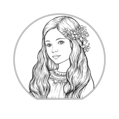 Çember çerçeveli genç ve güzel bir kız. Yetişkin boyama kitabı için boyama sayfası. Vektör çizimi. Yeni sanat tarzında, eski, eski, eski tarzda..