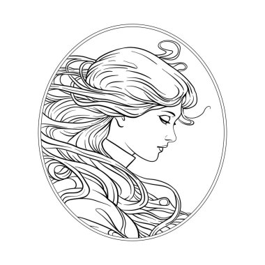 Çember çerçeveli genç ve güzel bir kız. Yetişkin boyama kitabı için boyama sayfası. Vektör çizimi. Yeni sanat tarzında, eski, eski, eski tarzda..