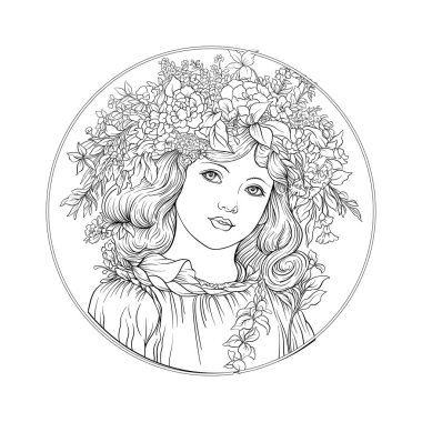 Çember çerçeveli genç ve güzel bir kız. Yetişkin boyama kitabı için boyama sayfası. Vektör çizimi. Yeni sanat tarzında, eski, eski, eski tarzda..