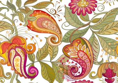 Eski moda fantezi çiçekleri, eski moda, jakoben nakış tarzı. Kusursuz desen, arka plan. Vektör illüstrasyonu.