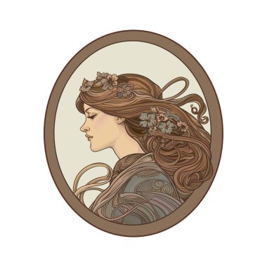 Çember çerçeve sanatında genç ve güzel bir kız. Renkli vektör çizimi için elementler dizisi. Yeni sanat tarzında, eski, eski, eski tarzda..