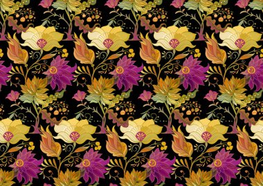 Eski moda fantezi çiçekleri, eski moda, jakoben nakış tarzı. Kusursuz desen, arka plan. Vektör illüstrasyonu.