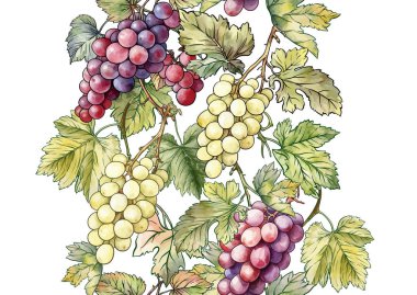 Olgun üzüm demetleri, yapraklar ve sarmaşıklarla kusursuz vektör deseni. El yapımı suluboya. Şarap etiketleri, tekstil, duvar kağıtları ve ambalaj için ideal. Zarif, botanik ve klasik esinlenilmiş..