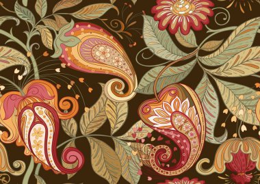 Eski moda fantezi çiçekleri, eski moda, jakoben nakış tarzı. Kusursuz desen, arka plan. Vektör illüstrasyonu.