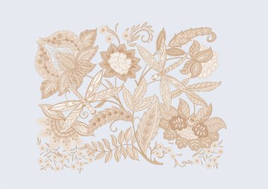 Fantezi çiçekleri ve yusufçuklar nostaljik, antika, jakop tarzında. Clip sanatı, tasarım Vektörü illüstrasyonu için elementler kümesi.