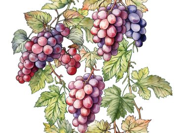 Olgun üzüm demetleri, yapraklar ve sarmaşıklarla kusursuz vektör deseni. El yapımı suluboya. Şarap etiketleri, tekstil, duvar kağıtları ve ambalaj için ideal. Zarif, botanik ve klasik esinlenilmiş..