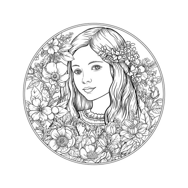 Çember çerçeveli bir çiçeğin arka planında genç ve güzel bir kız. Yetişkin boyama kitabı için boyama sayfası. Vektör çizimi. Yeni sanat tarzında, eski, eski, eski tarzda..