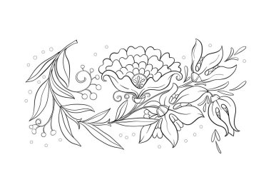 Eski moda fantezi çiçekleri, eski moda, jakoben nakış tarzı. Clip sanatı, tasarım Vektörü illüstrasyonu için elementler kümesi.