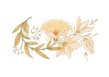 Eski moda fantezi çiçekleri, eski moda, jakoben nakış tarzı. Clip sanatı, tasarım Vektörü illüstrasyonu için elementler kümesi.