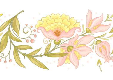 Eski moda fantezi çiçekleri, eski moda, jakoben nakış tarzı. Kusursuz desen, arka plan. Vektör illüstrasyonu.