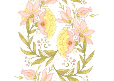 Eski moda fantezi çiçekleri, eski moda, jakoben nakış tarzı. Kusursuz desen, arka plan. Vektör illüstrasyonu.