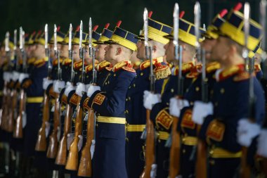 Bükreş, Romanya - 12 Aralık 2022: İsviçre Cumhurbaşkanı Ignazio Cassis 'in Romanya Cumhurbaşkanı Klaus Iohannis tarafından Cotroceni Sarayı' nda karşılanması sırasında askeri onur kıtası.