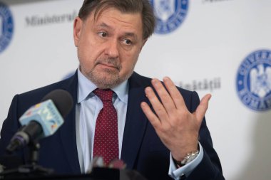 Bucharest, Romania - January 16, 2023: Alexandru Rafila, Minister of Health, speak about a donation of medical and IT equipment from Korea in response to the covid-19 vaccines given to Korea.