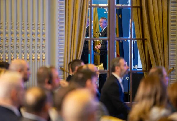 Bucharest, Romania - February 09, 2023: Romanian prime minister Nicolae Ciuca speaks at the the event Accession to the OECD  Opportunities for the business environment in Romania.