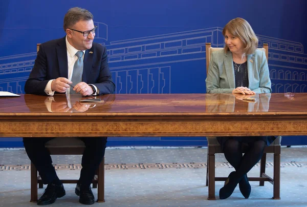 stock image Bucharest, Romania. 23th Mar, 2023: Kathleen Kavalec, US ambassador to Romania, and Marius Budai, Romanian Minister of Labor, at the signing of the Social Security Agreement between USA and Romania.