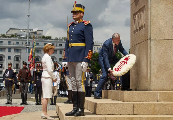 Stock image Bucharest, Romania. 10th May, 2023: Her Majesty Margareta and Prince Radu lay a wreath of flowers at the Statue of King Carol I of Romania during the military ceremony on the occasion of the National Day of Royalty, in Bucharest. 