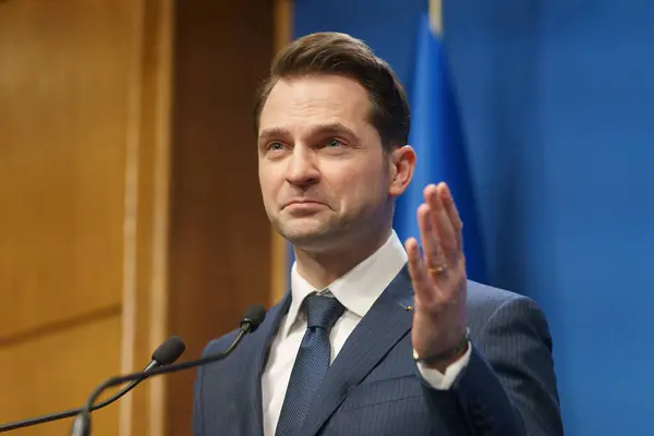 stock image Bucharest, Romania - 16th Feb, 2024: Sebastian Burduja, the Romanian Minister of Energy speaks during a press conference at the Victoria Palace, the Romanian Government headquarters.