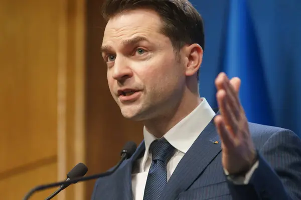 stock image Bucharest, Romania - 16th Feb, 2024: Sebastian Burduja, the Romanian Minister of Energy speaks during a press conference at the Victoria Palace, the Romanian Government headquarters.