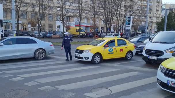 ルーマニアのブカレスト ブカレスト 2024年2月27日 ルーマニア政府の前でトラフィックに抗議する全国のタクシー運転手 ウーバーやボールドなどのライドシェアリングプラットフォームに対して 彼らの運用を規制する法律の修正を要求 — ストック動画