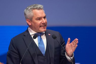 Bucharest, Romania. 7th Mar, 2024: Karl Nehammer, Chancellor of Austria, give a speech during the second plenary session of 2024 EPP Congress on March 7, in Bucharest. clipart