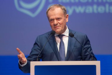 Bükreş, Romanya. 7. Mar, 2024: Polonya Başbakanı Donald Tusk, 7 Mart 'ta Bükreş' te düzenlenen 2024 EPP Kongresi 'nin ikinci genel kurul toplantısında bir konuşma yaptı..