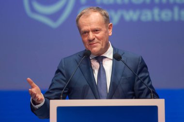 Bucharest, Romania. 7th Mar, 2024: Donald Tusk, Prime Minister of Poland, give a speech during the second plenary session of 2024 EPP Congress on March 7, in Bucharest. clipart