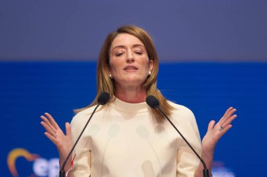 Bükreş, Romanya. 7. Mar, 2024: Avrupa Parlamentosu Başkanı Roberta Metsola, 7 Mart 'ta Bükreş' te düzenlenen 2024 EPP Kongresi 'nin ikinci genel kurul toplantısında bir konuşma yaptı..