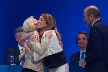 Bucharest, Romania. 7th Mar, 2024: Ursula von der Leyen (L), President of the European Commission, hugs Roberta Metsola, president of the European Parliament, during 2024 EPP Congress clipart