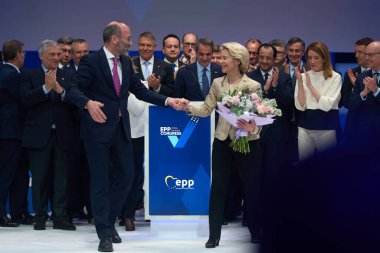 Bucharest, Romania. 7th Mar, 2024: Ursula von der Leyen, President of the European Commission, reacts after was confirmed as EPP lead candidate for the European Parliament elections clipart