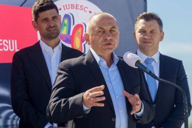 Bucharest, Romania. 3rd Apr, 2024: Catalin Cirstoiu, the joint candidate for mayor of Bucharest of the Social Democratic Party (PSD) and the National Liberal Party (PNL), speaks during the press conference about the project initiated by the mayor's o clipart