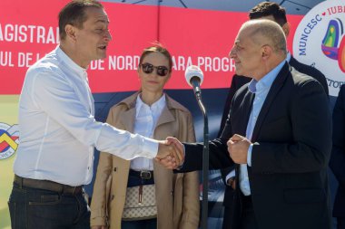 Bucharest, Romania. 3rd Apr, 2024: Daniel Baluta (L), the mayor of Sector 4, shake hands with Catalin Cirstoiu (R), the joint candidate for mayor of Bucharest of the Social Democratic Party (PSD) and the National Liberal Party (PNL), attend the press clipart